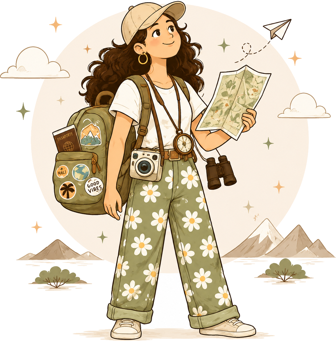 Ilustración de una viajera exploradora con mochila, cámara y mapa